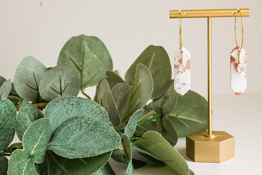 Pink and Copper Clay Hoop Dangles - Gold Arrow Studios 