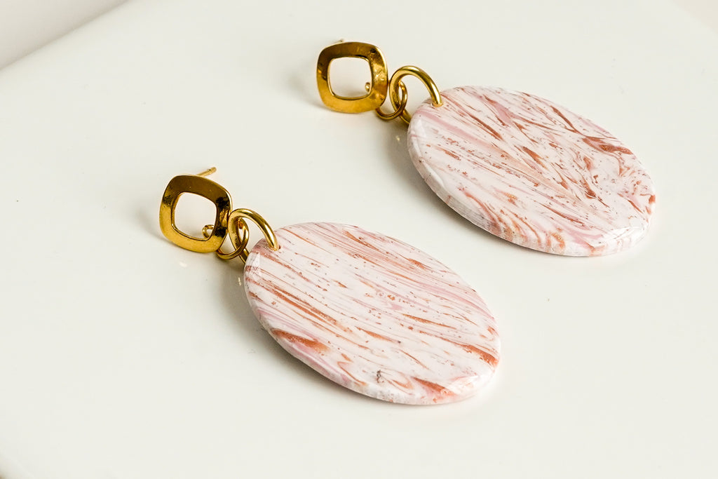 Pink and Copper Clay Oval Dangles - Gold Arrow Studios 