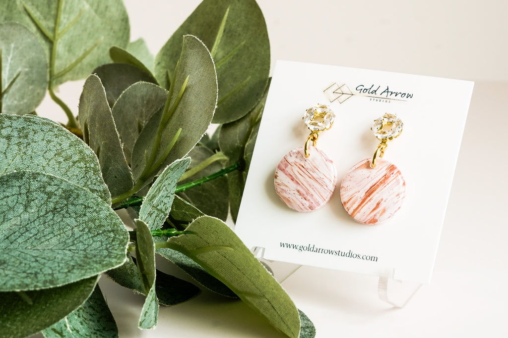 Pink and Copper Clay Circle Dangles - Gold Arrow Studios 