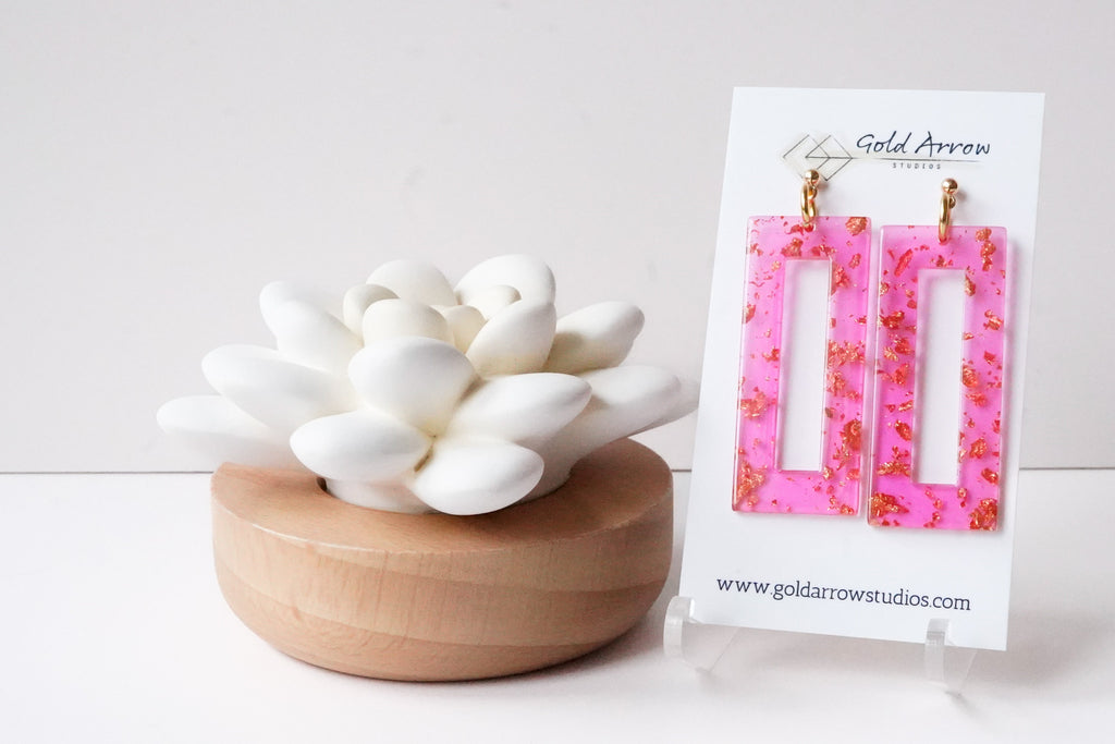 Hot Pink and Gold Statement Earrings - Gold Arrow Studios 