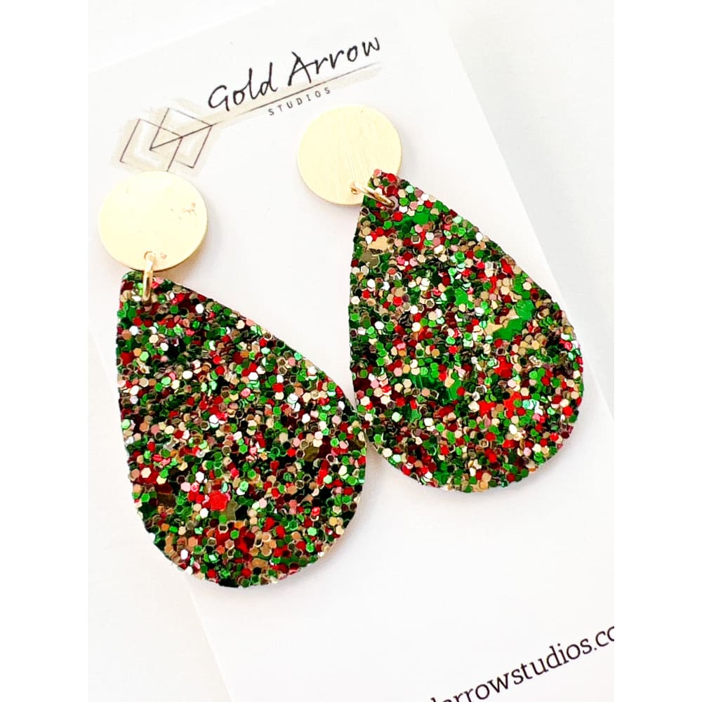 Teardrop Holiday Dangles - Red Green & Gold Glitter